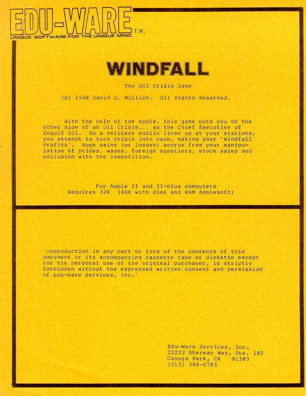 Windfall: The Oil Crisis Game box art for Apple II