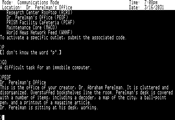Mind Forever Voyaging, A screenshot 3 for Apple II