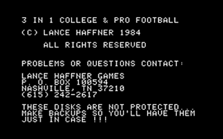 3 in 1 College & Pro Football title screen for Apple II