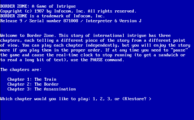 Border Zone title screen for Apple II