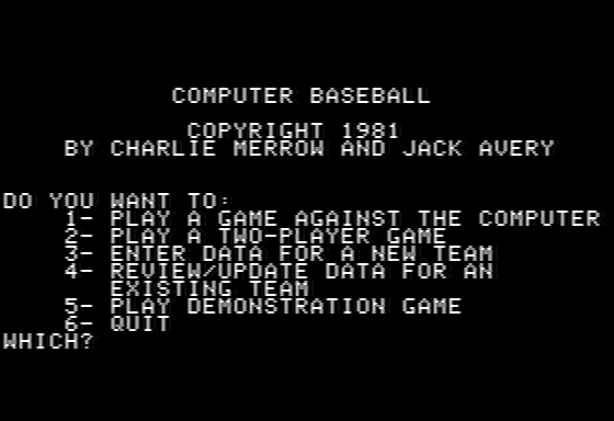 Computer Baseball title screen for Apple II