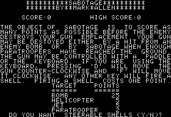 Sabotage title screen for Apple II