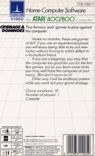 Cribbage & Dominoes box art for Atari 400