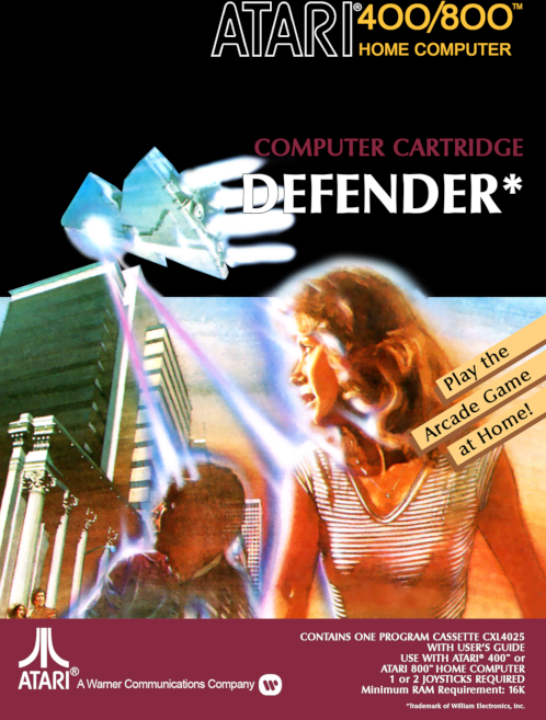 Defender box art for Atari 400