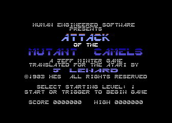 Attack of the Mutant Camels title screen for Atari 400