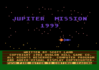 Jupiter Mission 1999 title screen for Atari 400