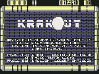 Krakout title screen for Commodore 64