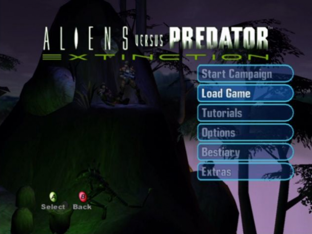 Aliens Versus Predator: Extinction title screen for Xbox