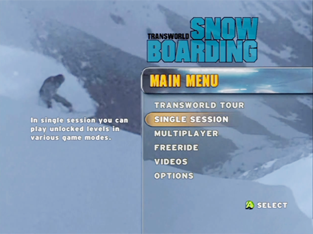 Transworld Snowboarding title screen for Xbox
