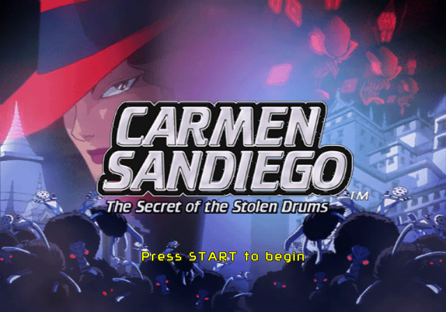 Carmen Sandiego The Secret of the Stolen Drums title screen for Gamecube