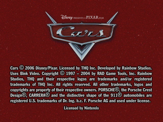Cars [Player's Choice] title screen for Gamecube