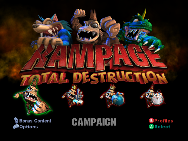 Rampage Total Destruction title screen for Gamecube