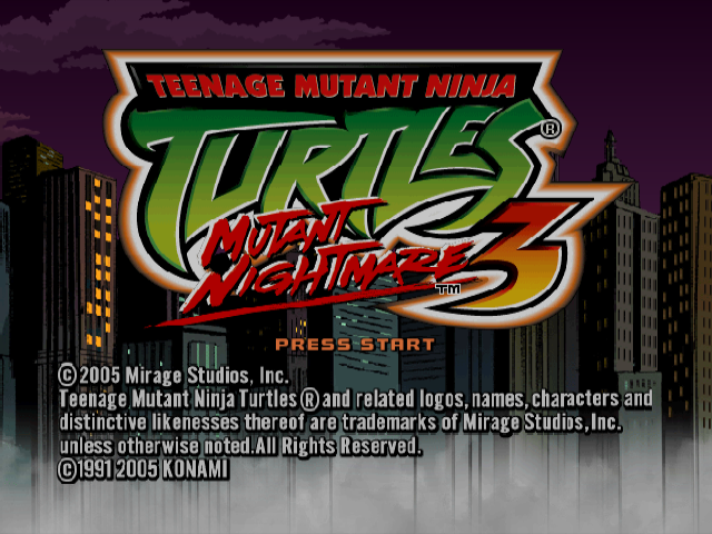 Teenage Mutant Ninja Turtles 3 Mutant Nightmare title screen for Gamecube