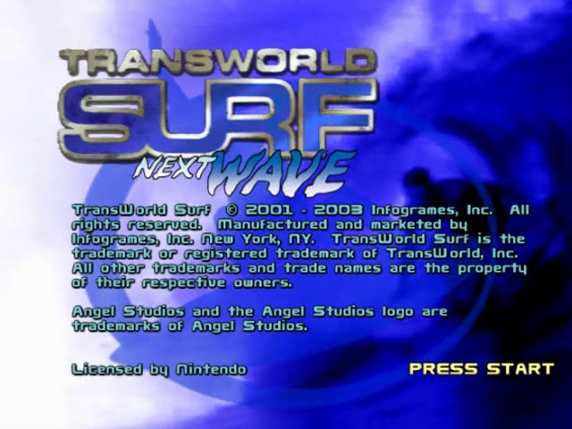 Transworld Surf Next Wave title screen for Gamecube