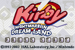 Kirby: Nightmare in Dream Land title screen for GameBoy Advance