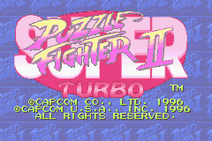 Super Puzzle Fighter II title screen for GameBoy Advance