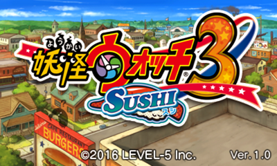 Yo-Kai Watch 3 Sushi title screen for Nintendo 3DS