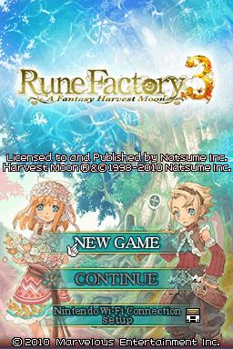 Rune Factory 3 title screen for Nintendo DS