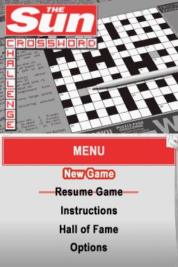 The Sun Crossword Challenge title screen for Nintendo DS