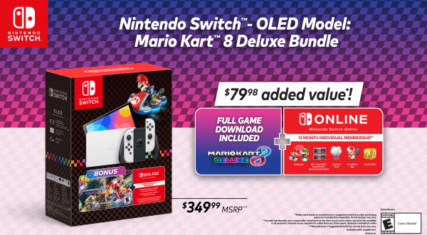 Nintendo Switch Oled White Bundle Mario Kart 8 + 3 Month Membership box art for Nintendo Switch