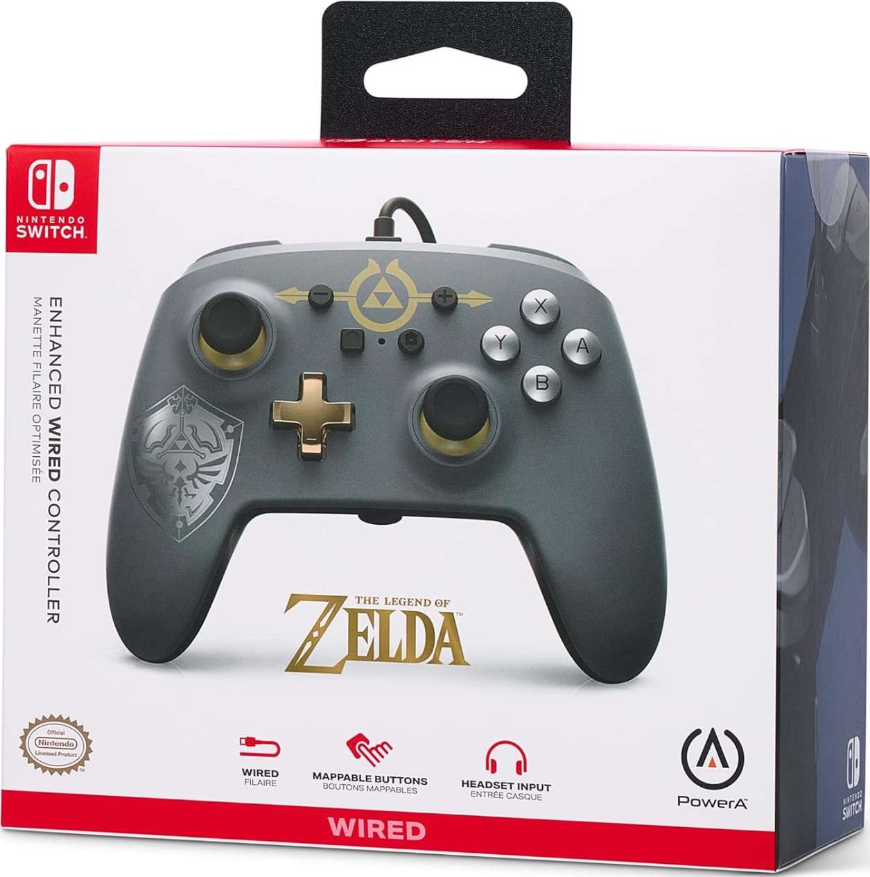 PowerA Enhanced Wired Controller Legend of Zelda Hylian Shield box art for Nintendo Switch