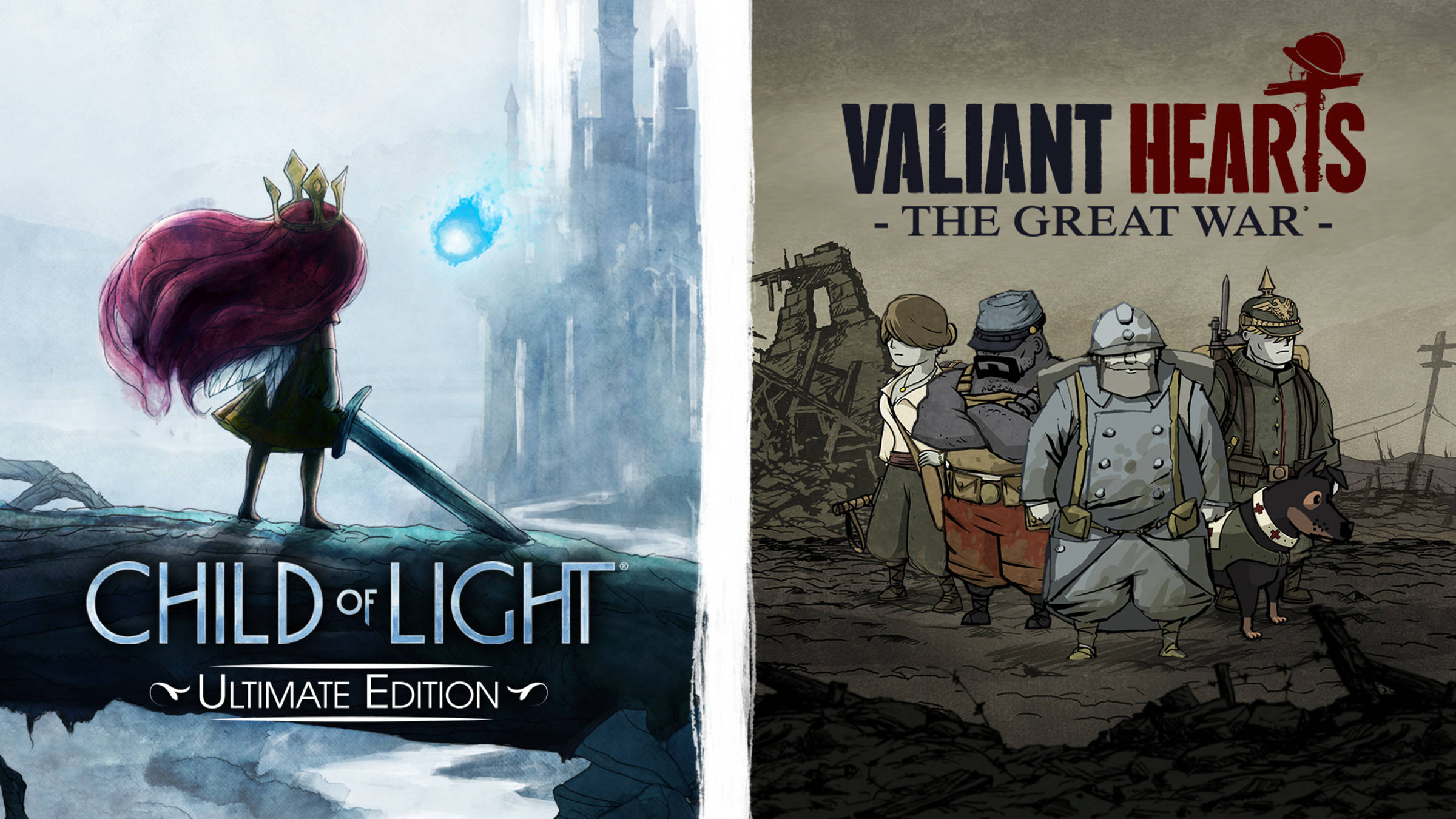 Child of Light Ultimate Edition + Valiant Hearts: The Great War title screen for Nintendo Switch