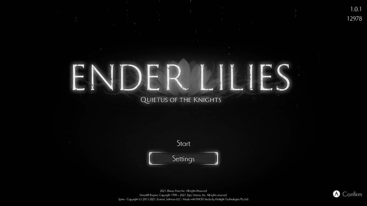 Ender Lilies: Quietus of the Knights title screen for Nintendo Switch