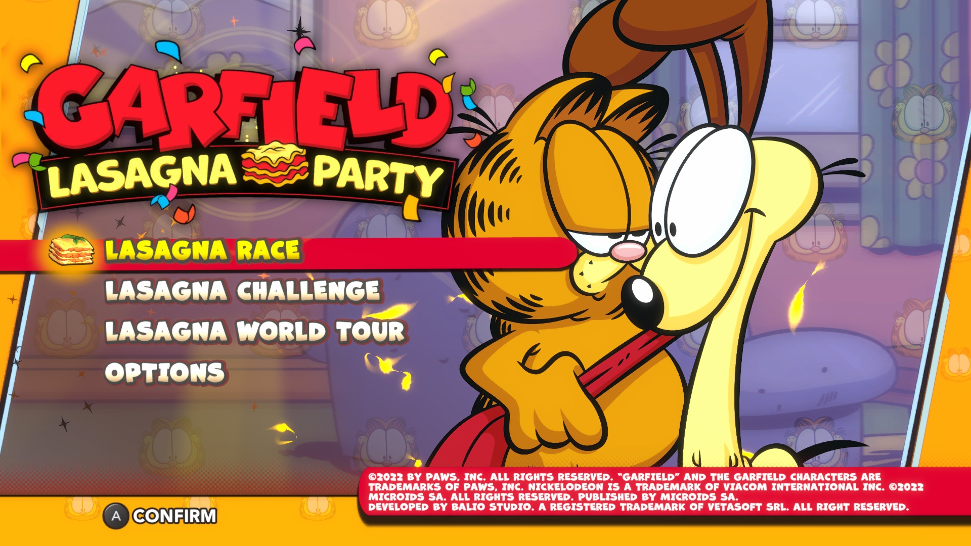Garfield Lasagna Party title screen for Nintendo Switch