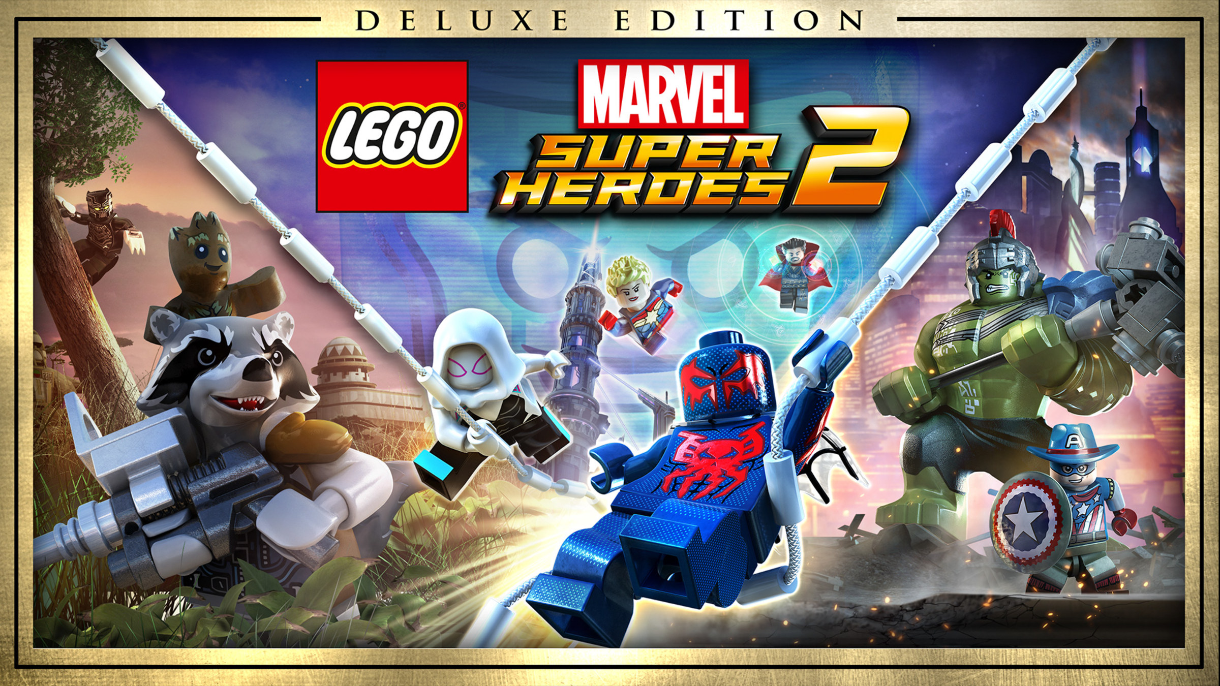 LEGO Marvel Super Heroes 2 Deluxe Edition title screen for Nintendo Switch