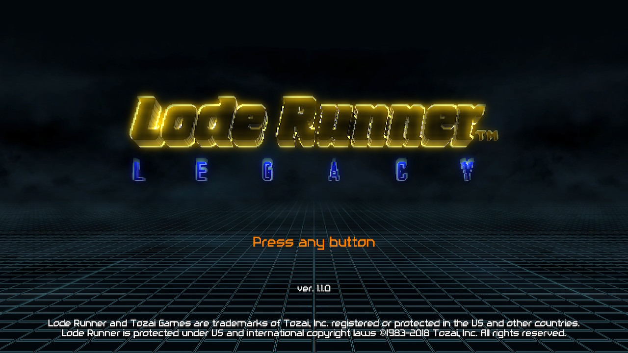 Lode Runner Legacy title screen for Nintendo Switch
