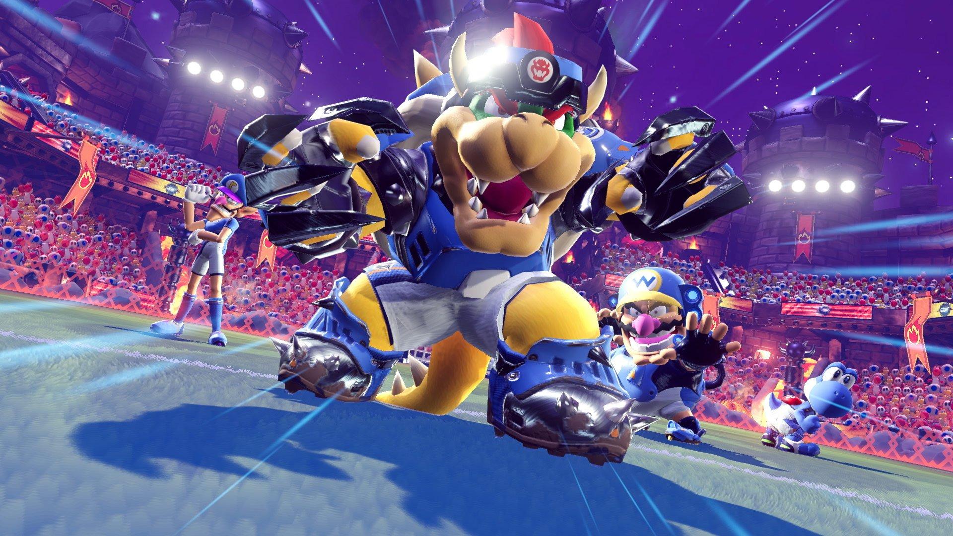Mario Strikers: Battle League title screen for Nintendo Switch