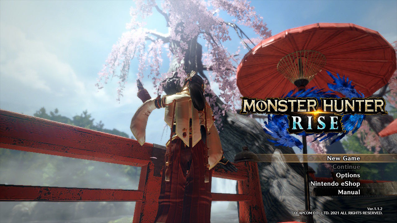 Monster Hunter Rise title screen for Nintendo Switch