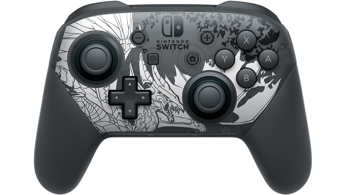 Nintendo Switch Pro Controller Monster Hunter Rise Edition title screen for Nintendo Switch