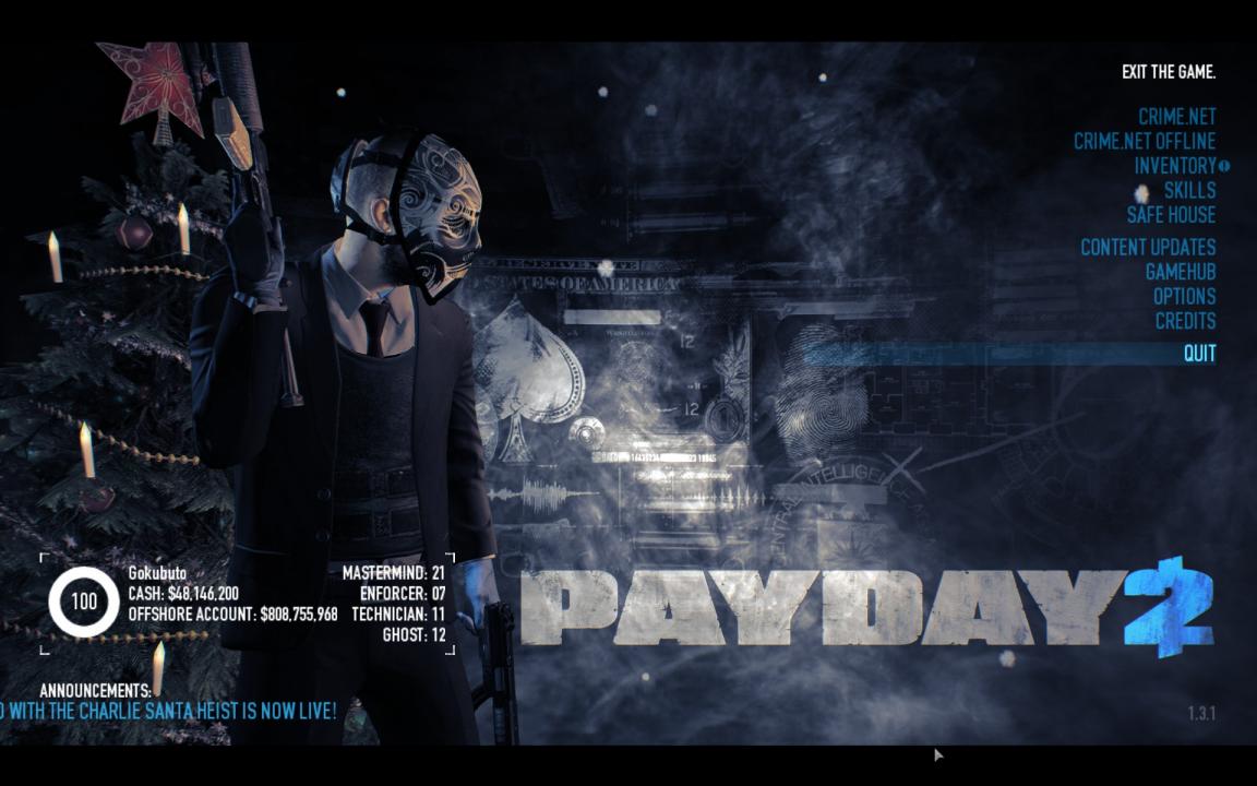 Payday 2 title screen for Nintendo Switch