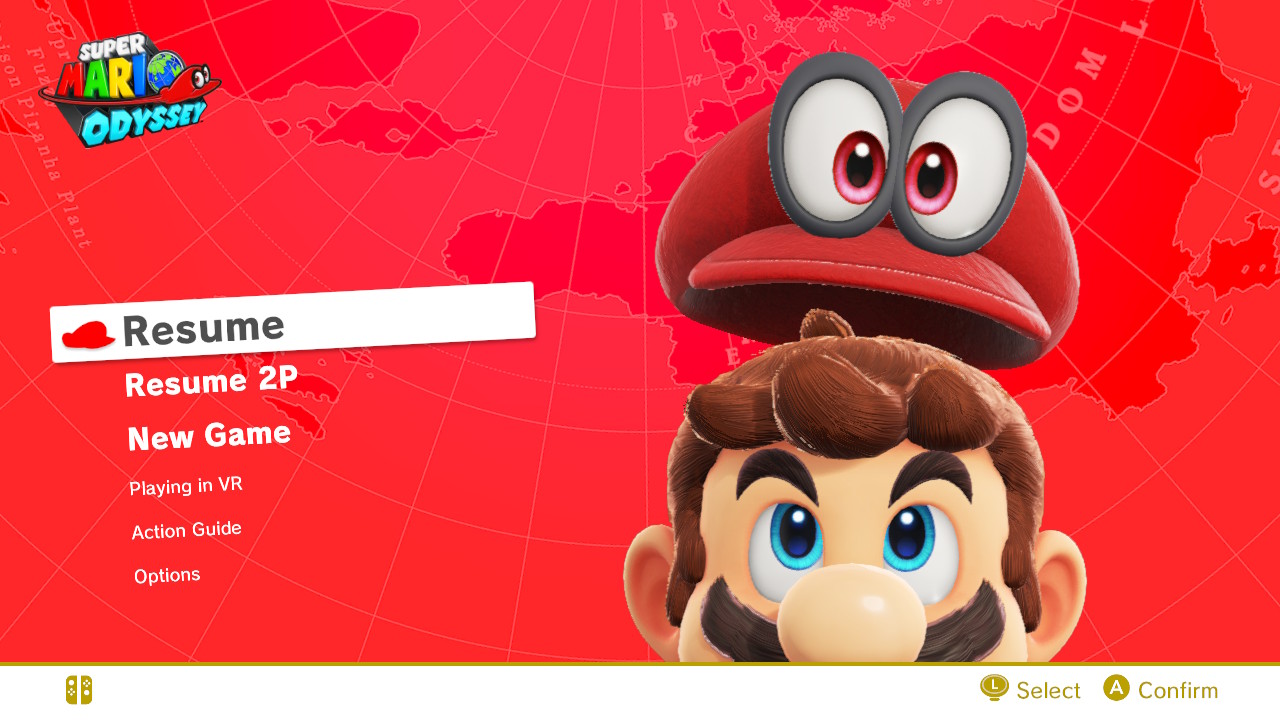 Super Mario Odyssey title screen for Nintendo Switch