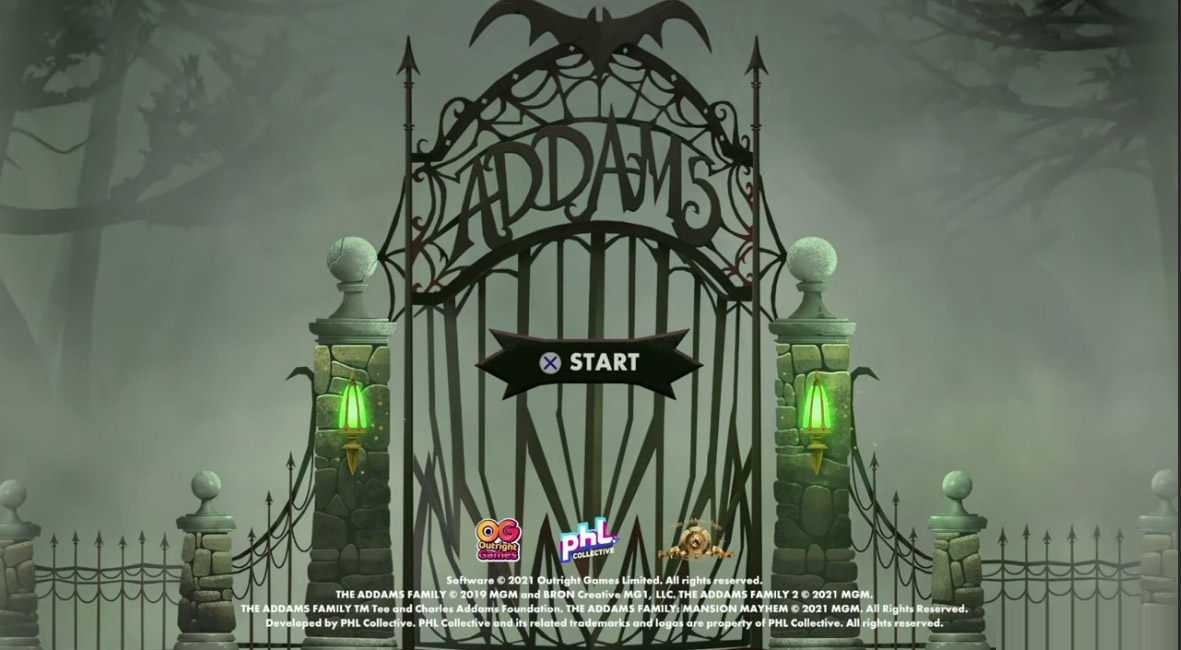 The Addams Family: Mansion Mayhem title screen for Nintendo Switch