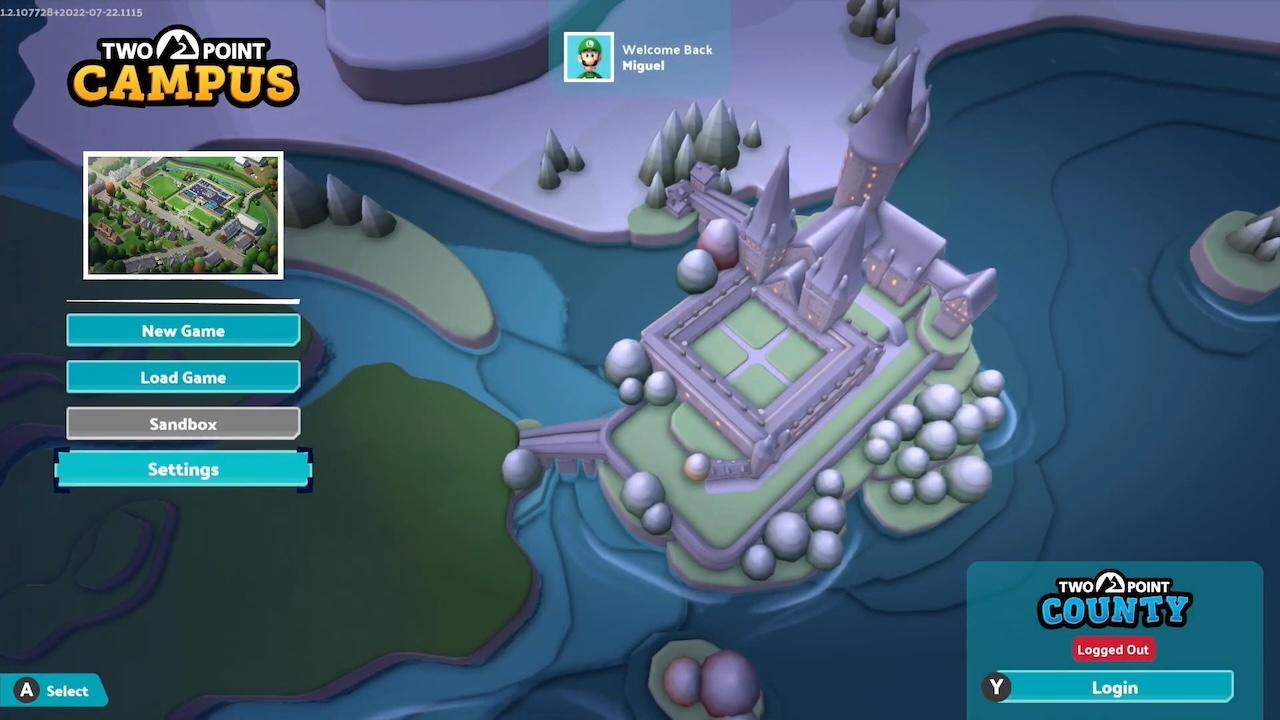 Two Point Campus title screen for Nintendo Switch