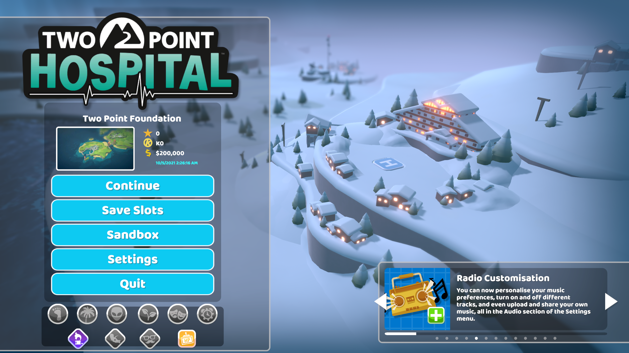 Two Point Hospital title screen for Nintendo Switch