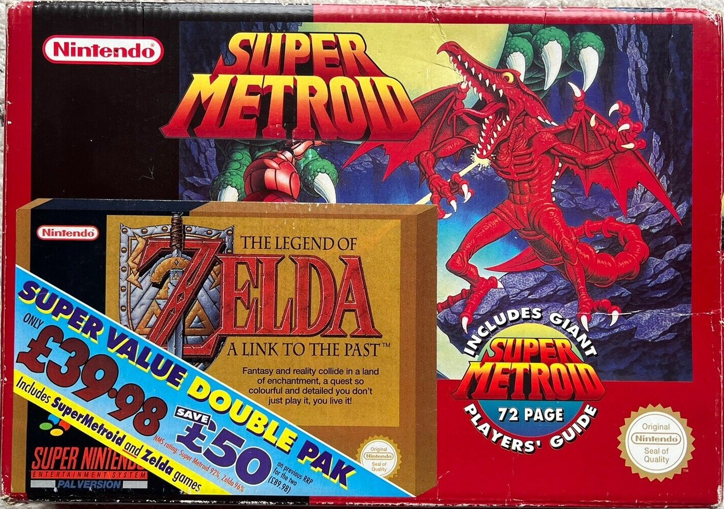 Super Metroid and Zelda: A Link to the Past Double Pack box art for Super Nintendo