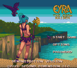 Eyra The Crow Maiden title screen for Super Nintendo