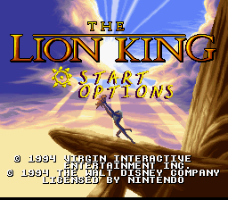 The Lion King title screen for Super Nintendo