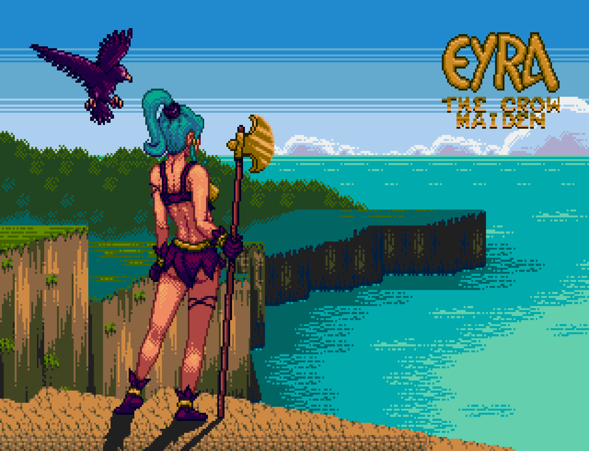 Eyra: The Crow Maiden title screen for Sega Mega Drive