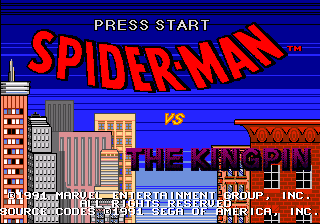 Spiderman vs. The Kingpin title screen for Sega Mega Drive
