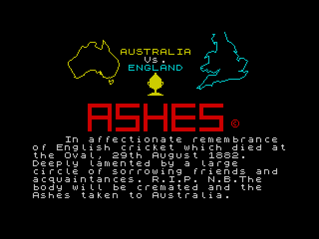 Ashes title screen for ZX Spectrum