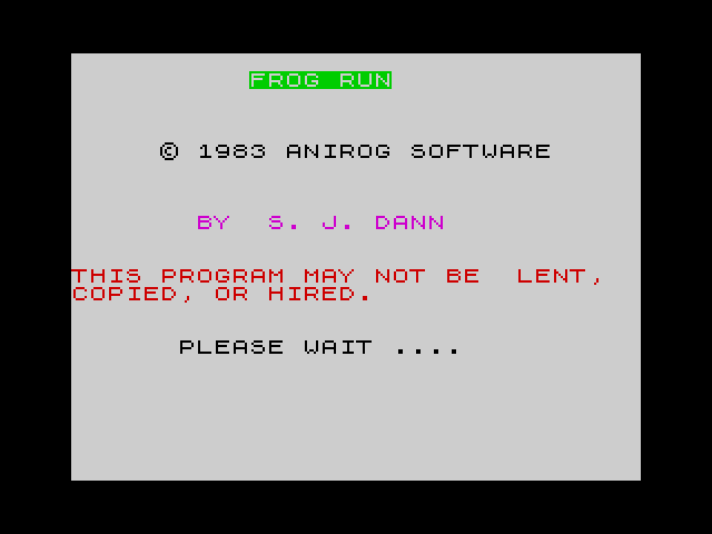 Frogrun title screen for ZX Spectrum
