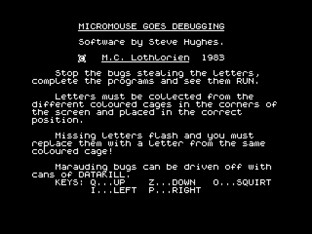 Micro Mouse Goes De-Bugging title screen for ZX Spectrum
