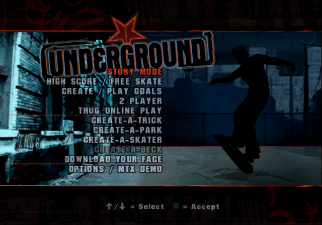 Tony Hawk's Underground [Digital Pix Pack] title screen for Playstation 2