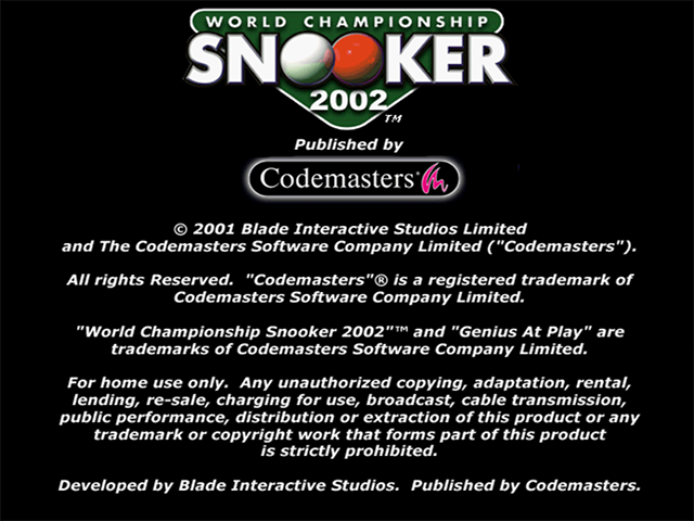 World Championship Snooker 2002 title screen for Playstation 2