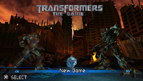 Transformers The Game title screen for PSP