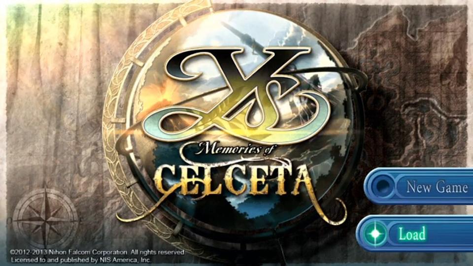 Ys: Memories of Celceta title screen for Playstation Vita